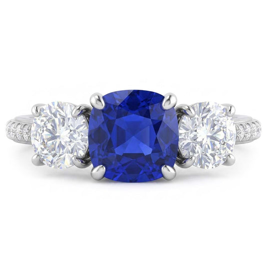 Bague Diamant Coussin Bleu Saphir 3 Style Pierre & Accents 3.50 Carats