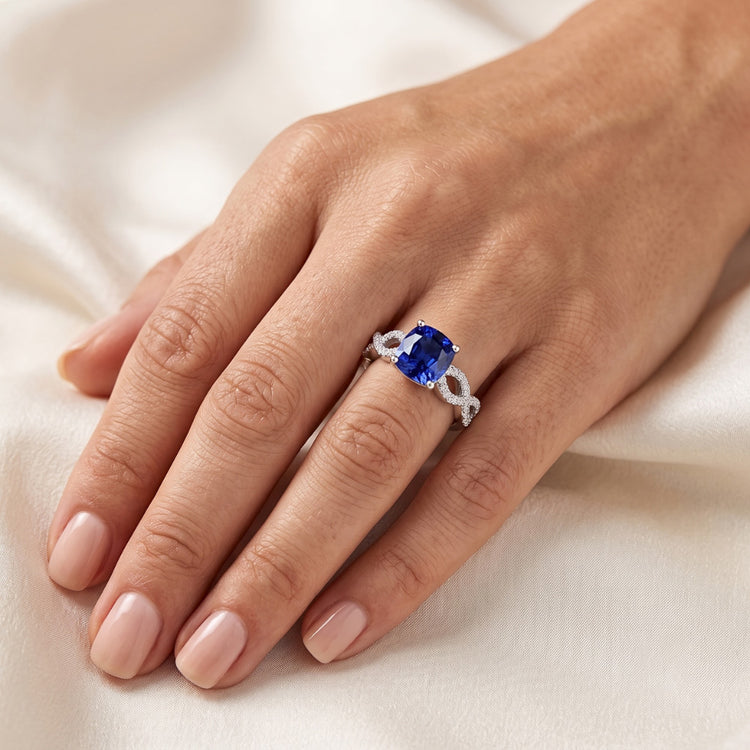 Bague Diamant Coussin Bleu Saphir Pierre Gemme Infinity Style 3 Carats