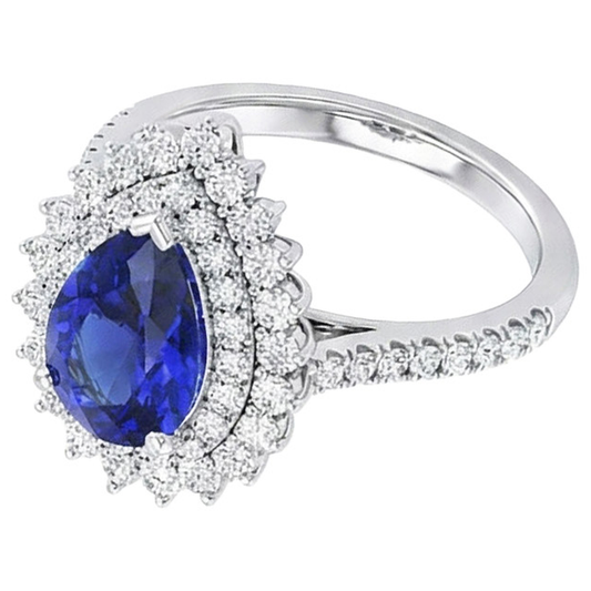 Bague Diamant Double Halo Style Fleur Poire Saphir Bleu 5.50 Carats