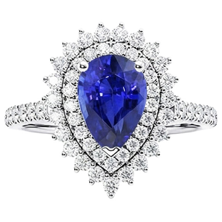 Bague Diamant Double Halo Style Fleur Poire Saphir Bleu 5.50 Carats