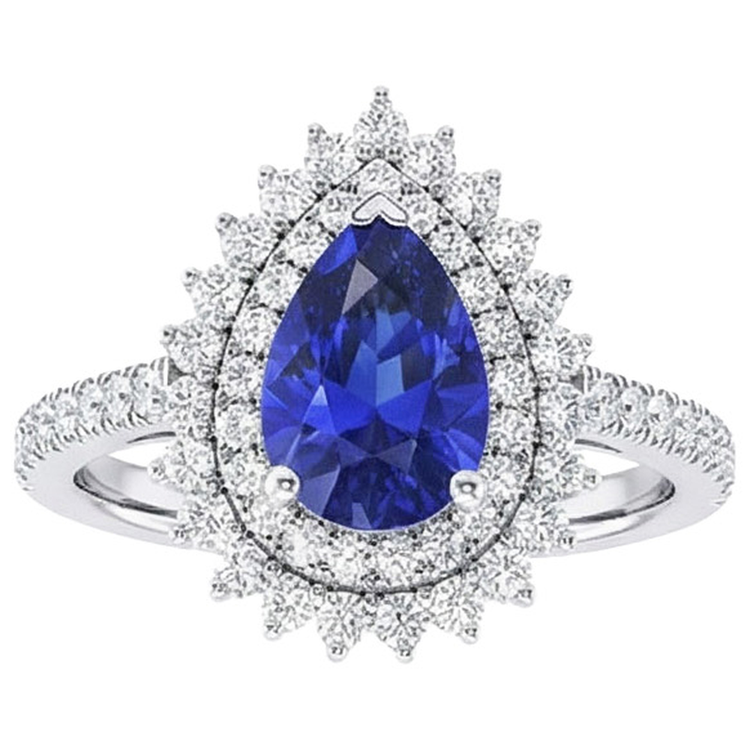 Bague Diamant Double Halo Style Fleur Poire Saphir Bleu 5.50 Carats