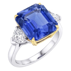Bague Diamant Emeraude 3 Pierres Saphir Bleu 5 Carats Or Bicolore