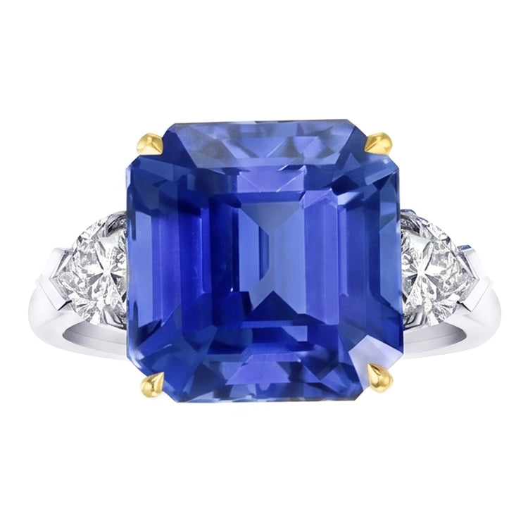 Bague Diamant Emeraude 3 Pierres Saphir Bleu 5 Carats Or Bicolore