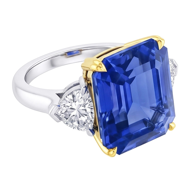 Bague Diamant Emeraude 3 Pierres Saphir Bleu 5 Carats Or Bicolore