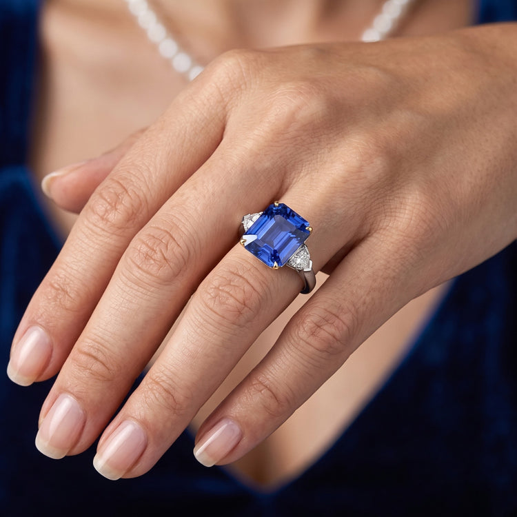 Bague Diamant Emeraude 3 Pierres Saphir Bleu 5 Carats Or Bicolore
