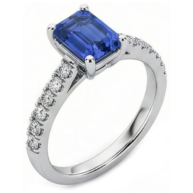 Bague Diamant Emeraude Bleu Saphir Pierre Gemme Avec Accents 2.50 Carats