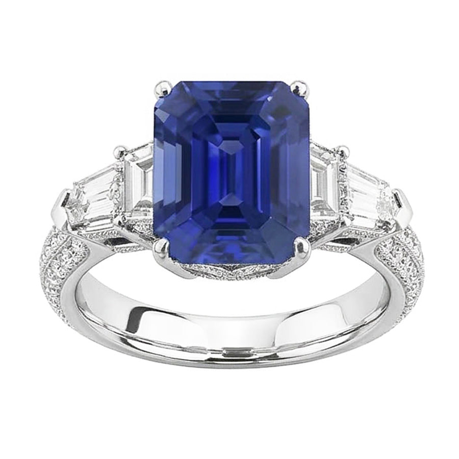 Bague Diamant Emeraude Style Vintage Saphir Baguette Côtés 3.50 Carats