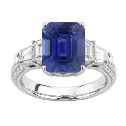 Bague Diamant Emeraude Style Vintage Saphir Baguette Côtés 3.50 Carats