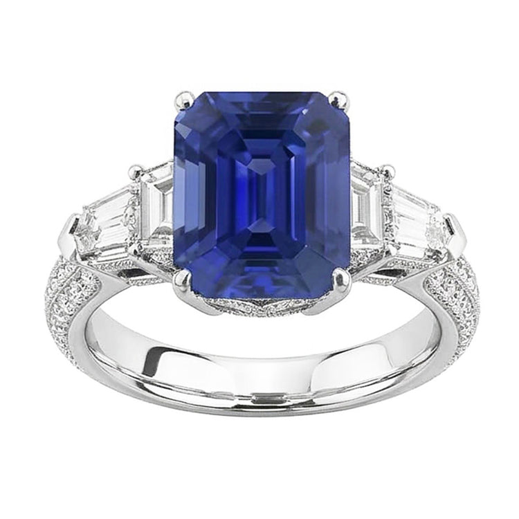 Bague Diamant Emeraude Style Vintage Saphir Baguette Côtés 3.50 Carats
