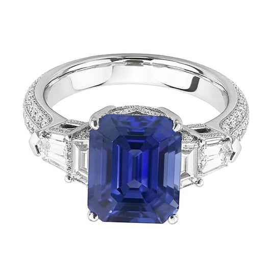 Bague Diamant Emeraude Style Vintage Saphir Baguette Côtés 3.50 Carats
