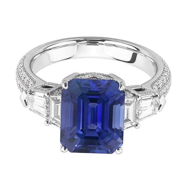 Bague Diamant Emeraude Style Vintage Saphir Baguette Côtés 3.50 Carats