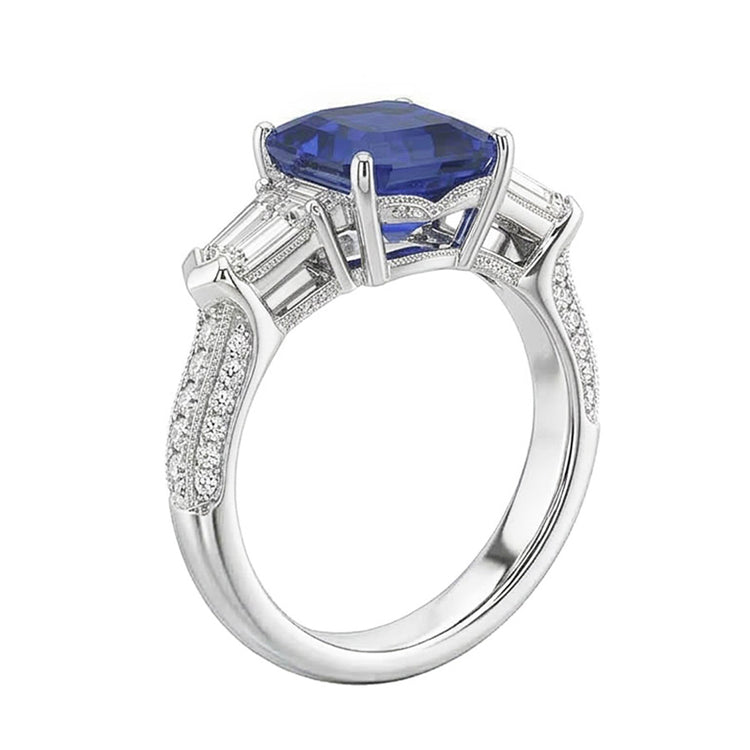 Bague Diamant Emeraude Style Vintage Saphir Baguette Côtés 3.50 Carats