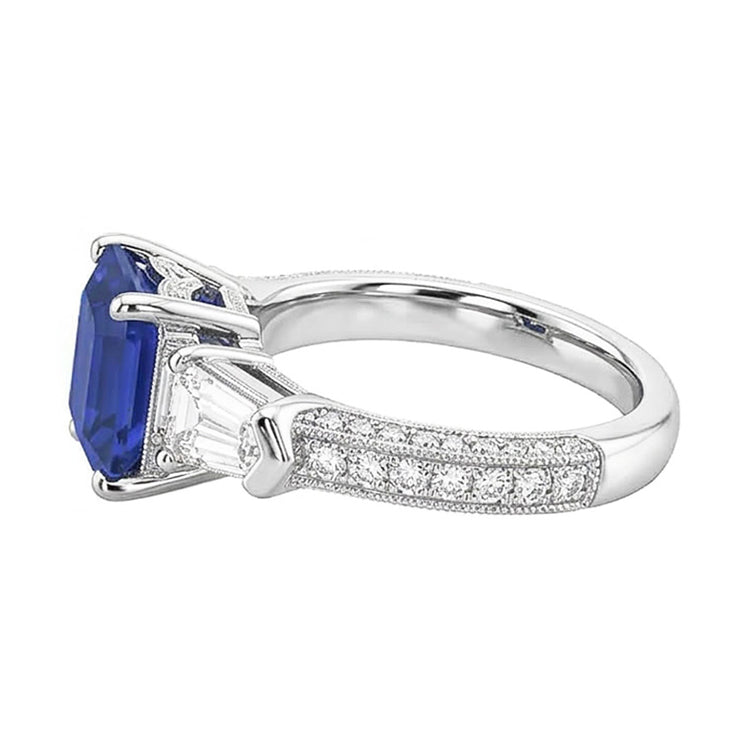Bague Diamant Emeraude Style Vintage Saphir Baguette Côtés 3.50 Carats