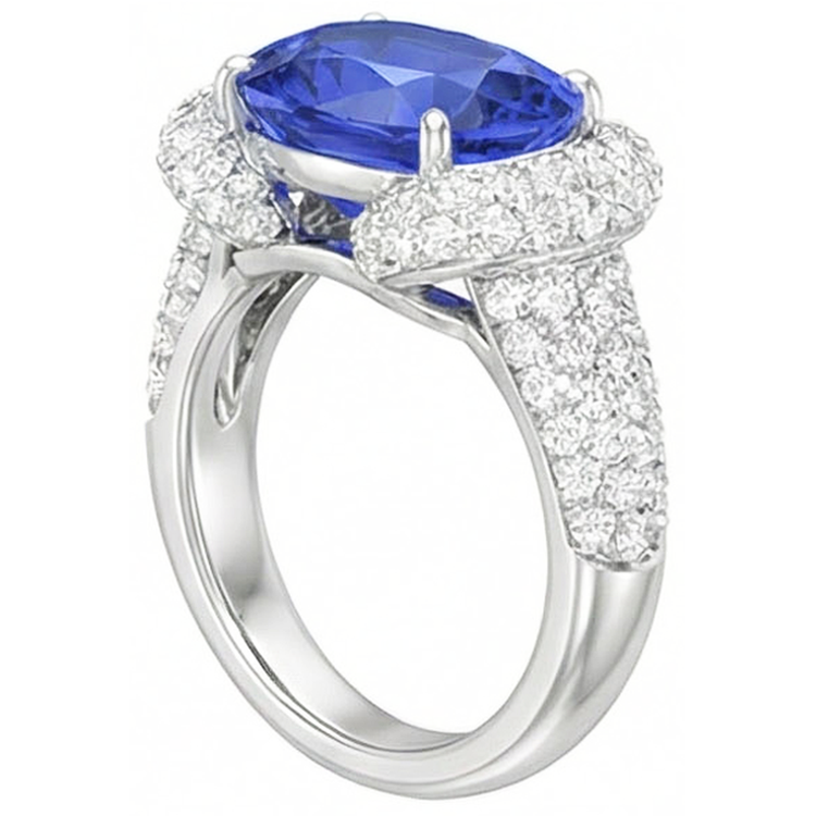 Bague Diamant Femme Ovale Bleu Saphir 4 Carats Or 14K Bijoux