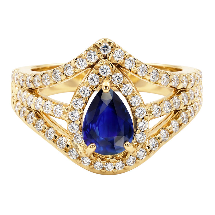 Bague Diamant Halo Mariage Poire Saphir Bleu 4.50 Carats Bijoux En Or