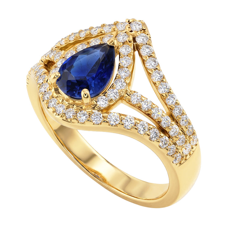 Bague Diamant Halo Mariage Poire Saphir Bleu 4.50 Carats Bijoux En Or