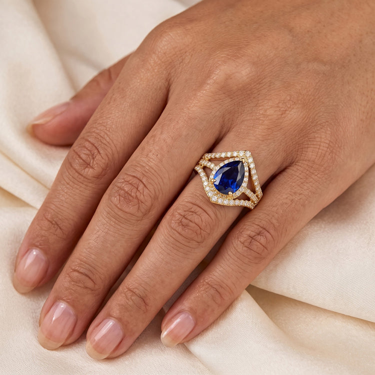 Bague Diamant Halo Mariage Poire Saphir Bleu 4.50 Carats Bijoux En Or