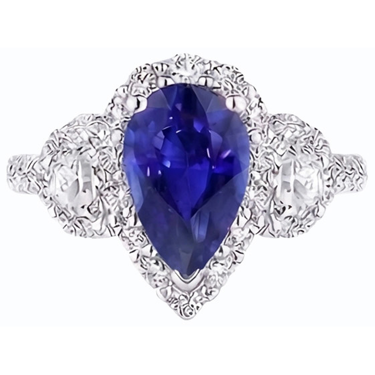 Bague Diamant Halo Poire Ceylan Saphir 3 Pierre Style 4.50 Carats