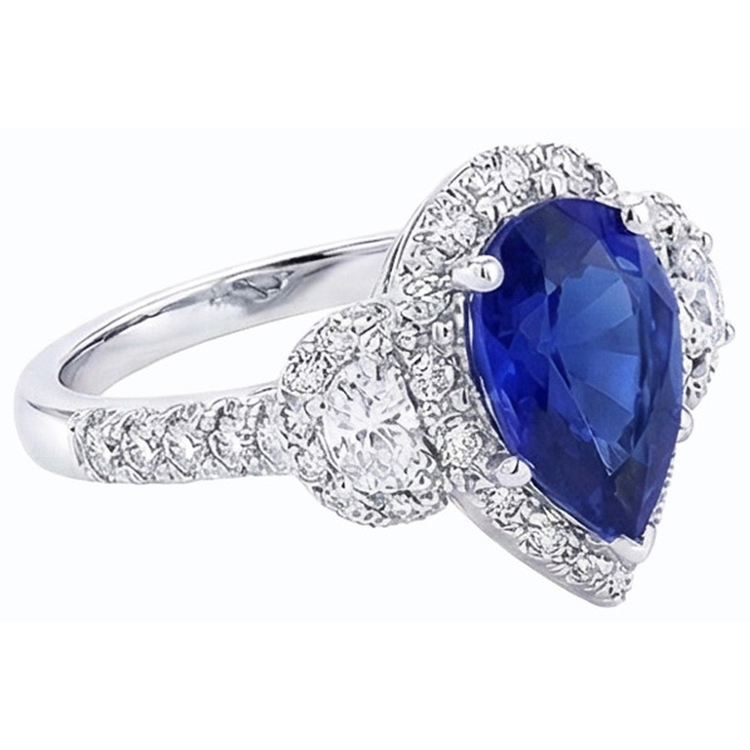 Bague Diamant Halo Poire Ceylan Saphir 3 Pierre Style 4.50 Carats