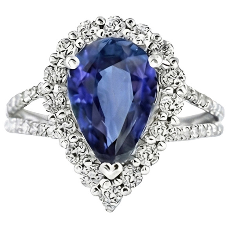 Bague Diamant Halo Poire Saphir Sri Lankais 5.50 Carats Tige fendue