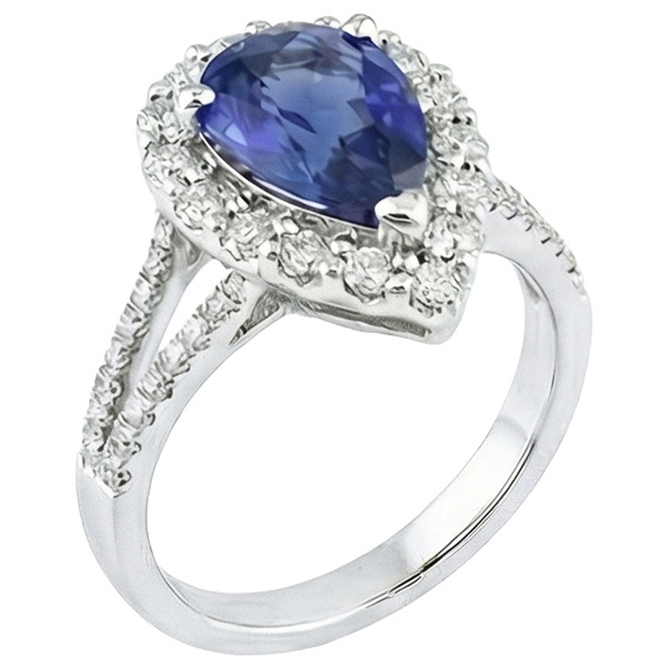 Bague Diamant Halo Poire Saphir Sri Lankais 5.50 Carats Tige fendue