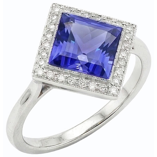 Bague Diamant Halo Princesse Saphir Bleu 3 Carats Style Pyramide