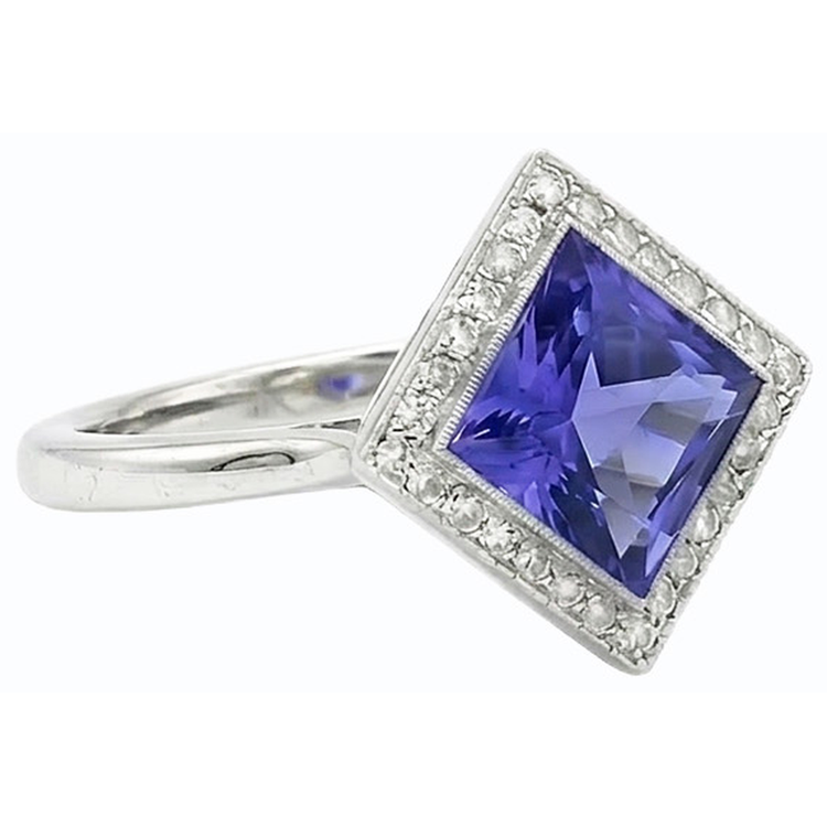 Bague Diamant Halo Princesse Saphir Bleu 3 Carats Style Pyramide