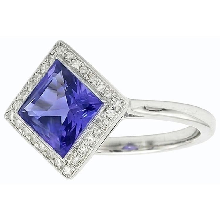 Bague Diamant Halo Princesse Saphir Bleu 3 Carats Style Pyramide