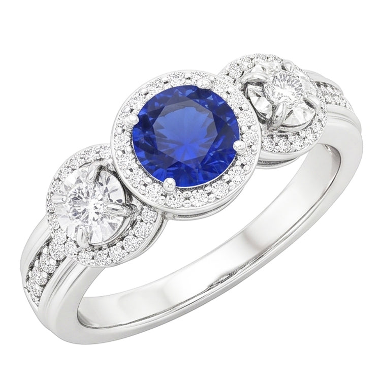 Bague Diamant Halo Rond Saphir Bleu 5 Carats Bijoux Dames
