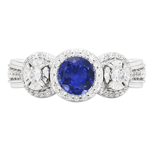 Bague Diamant Halo Rond Saphir Bleu 5 Carats Bijoux Dames