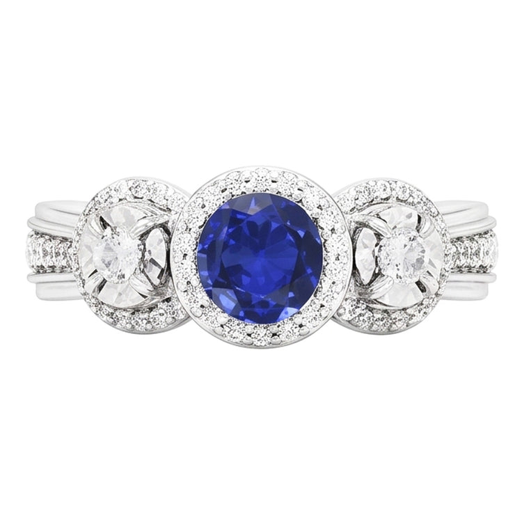 Bague Diamant Halo Rond Saphir Bleu 5 Carats Bijoux Dames