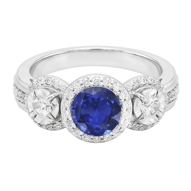 Bague Diamant Halo Rond Saphir Bleu 5 Carats Bijoux Dames