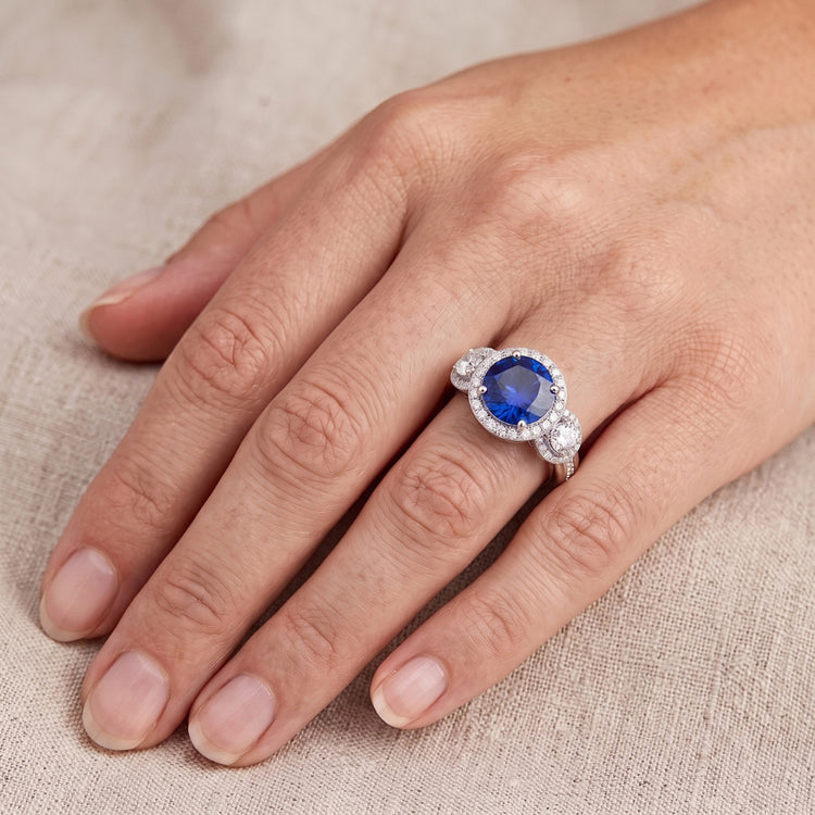 Bague Diamant Halo Rond Saphir Bleu 5 Carats Bijoux Dames