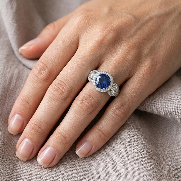 Bague Diamant Halo Rond Saphir Bleu 5 Carats Bijoux Dames