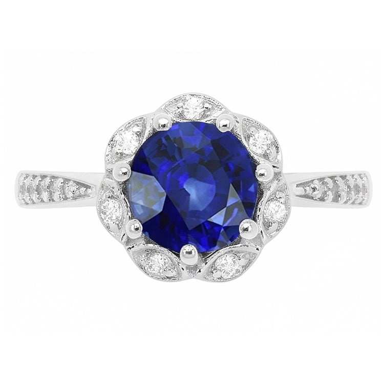 Bague Diamant Halo Rond Saphir Style Fleur 3 Carats Tige Conique