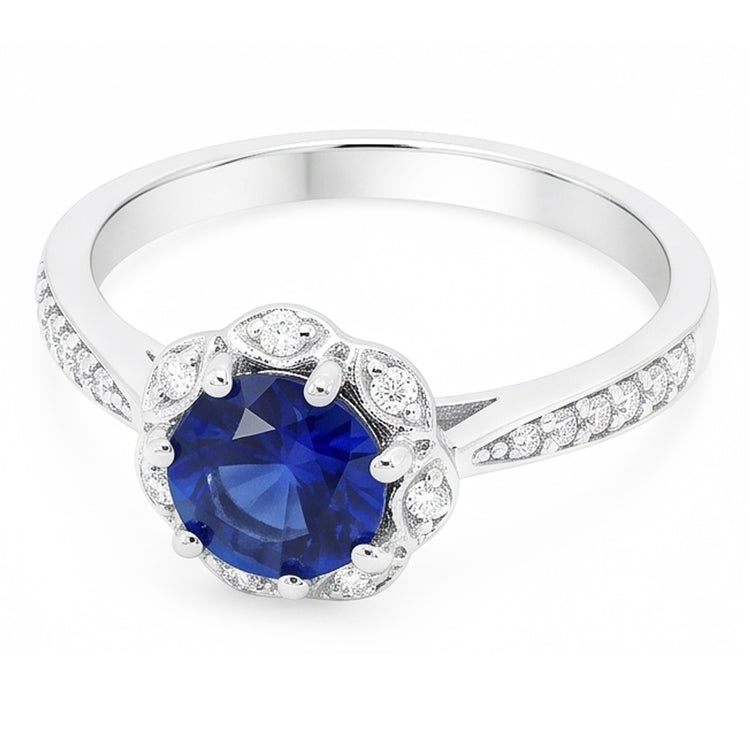 Bague Diamant Halo Rond Saphir Style Fleur 3 Carats Tige Conique