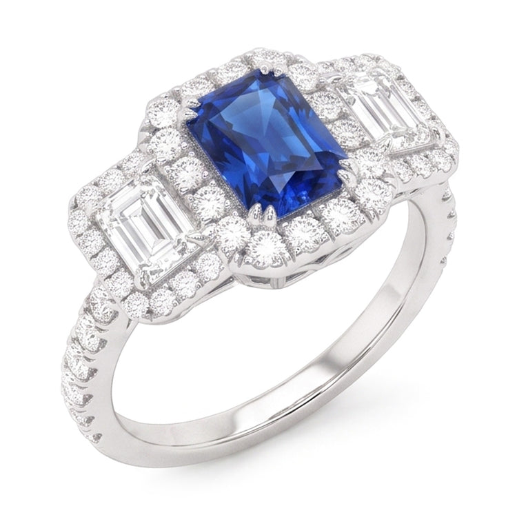 Bague Diamant Halo Saphir Bleu Foncé Emeraude & Accents Ronds 3 Carats