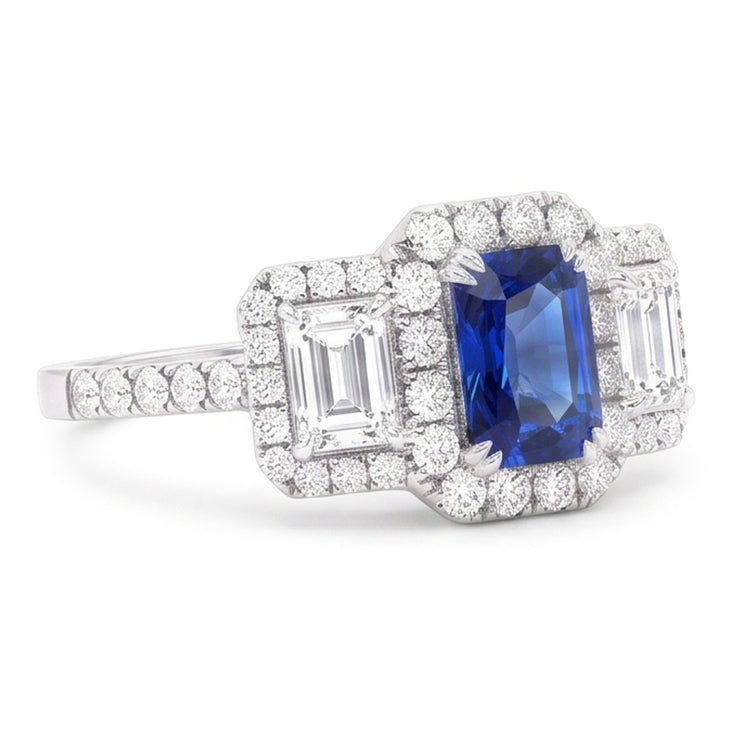 Bague Diamant Halo Saphir Bleu Foncé Emeraude & Accents Ronds 3 Carats
