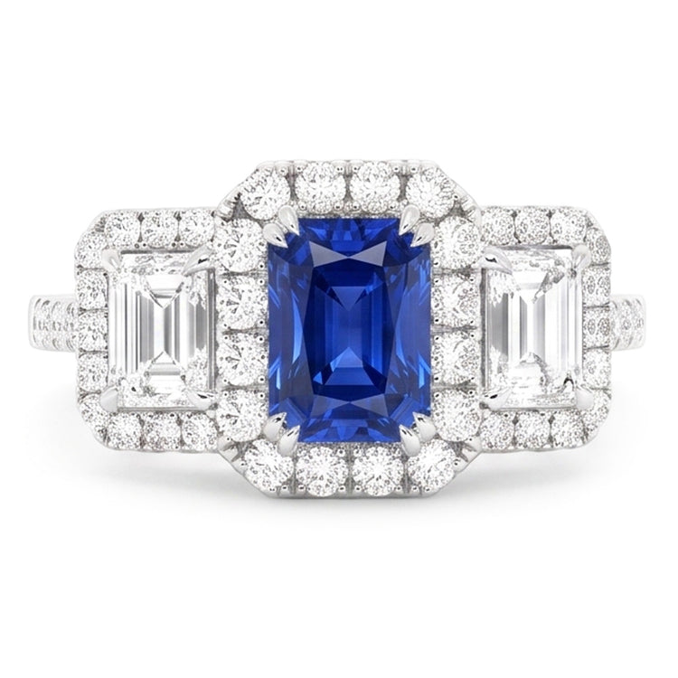 Bague Diamant Halo Saphir Bleu Foncé Emeraude & Accents Ronds 3 Carats