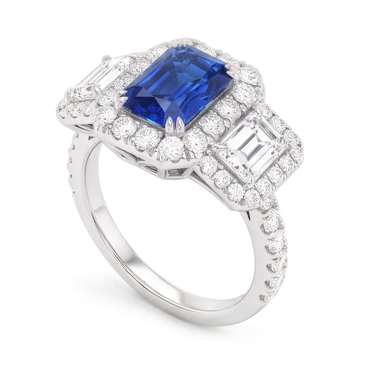 Bague Diamant Halo Saphir Bleu Foncé Emeraude & Accents Ronds 3 Carats