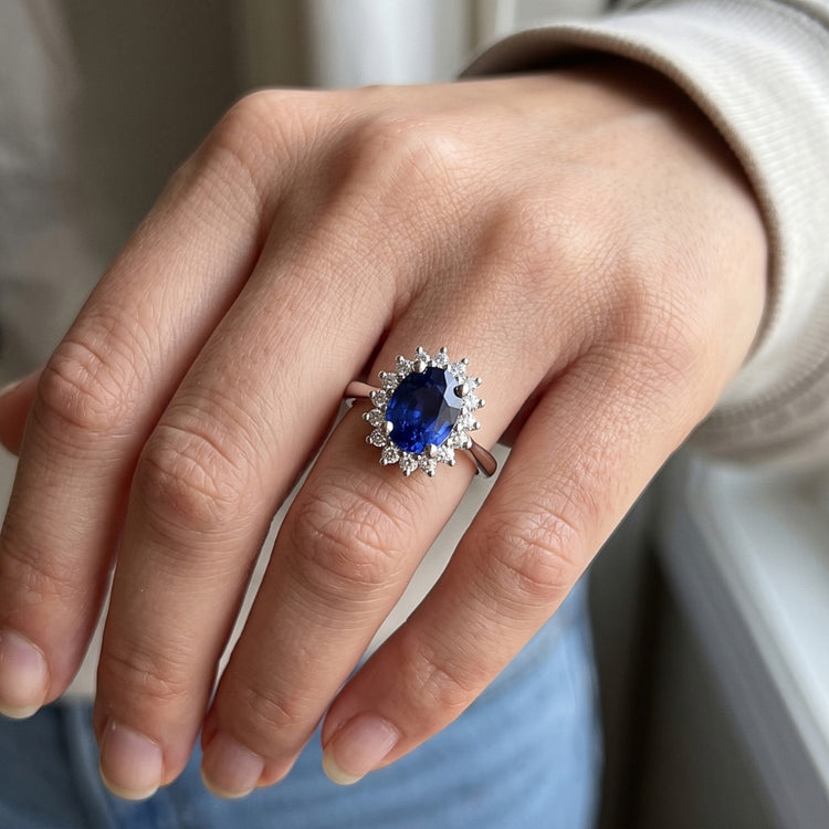 Bague Diamant Halo Style Fleur Saphir Ceylan 4 Carats