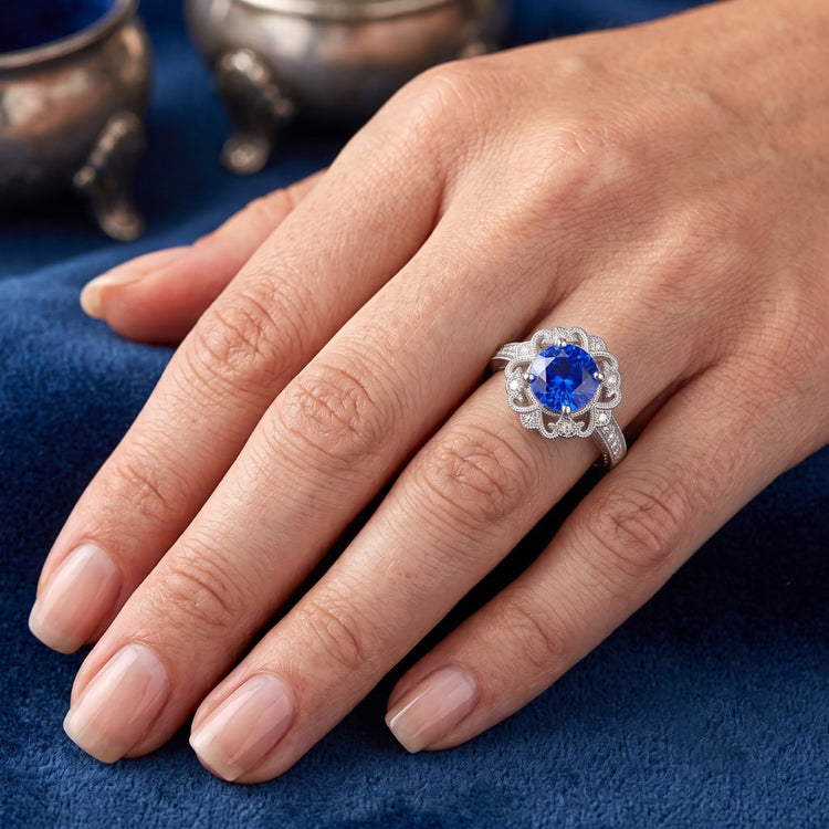 Bague Diamant Halo Style Vintage Saphir 3 Carats Filigrane Style Fleur