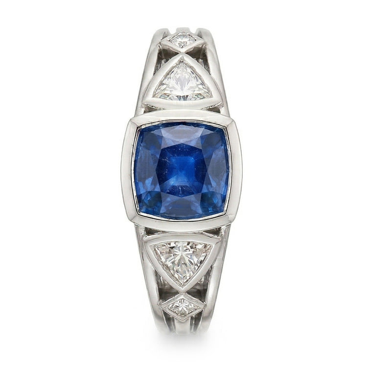 Bague Diamant Naturels Extraits des Mines ( et non cultivés en laboratoire ) 2.50 Carats Lunette Ronde Saphir & Trillion. Taille Princesse