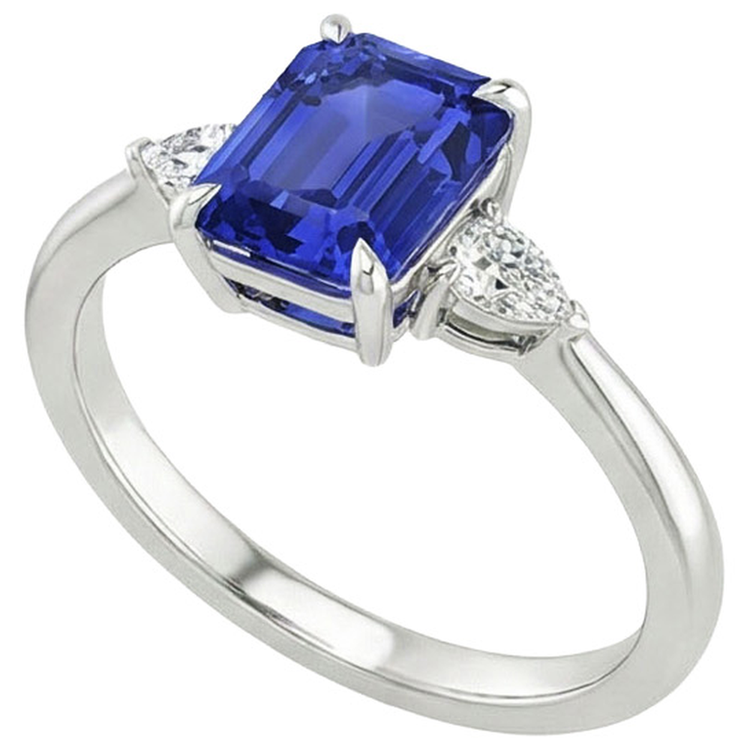 Bague Diamant Naturels Extraits des Mines ( et non cultivés en laboratoire ) 3 Pierres Emeraude & Saphir Bleu Poire 3.25 Carats