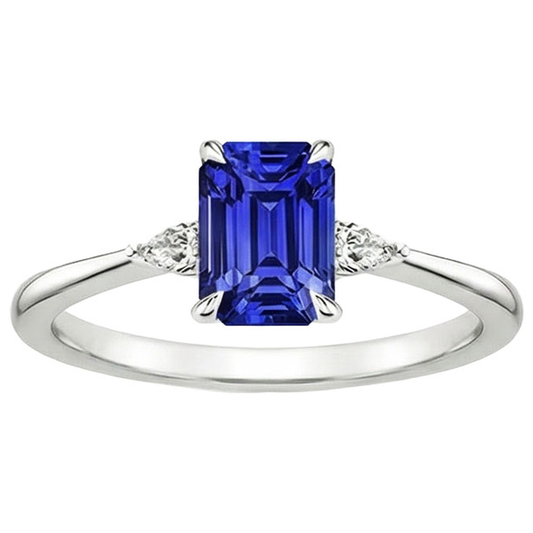 Bague Diamant Naturels Extraits des Mines ( et non cultivés en laboratoire ) 3 Pierres Emeraude & Saphir Bleu Poire 3.25 Carats
