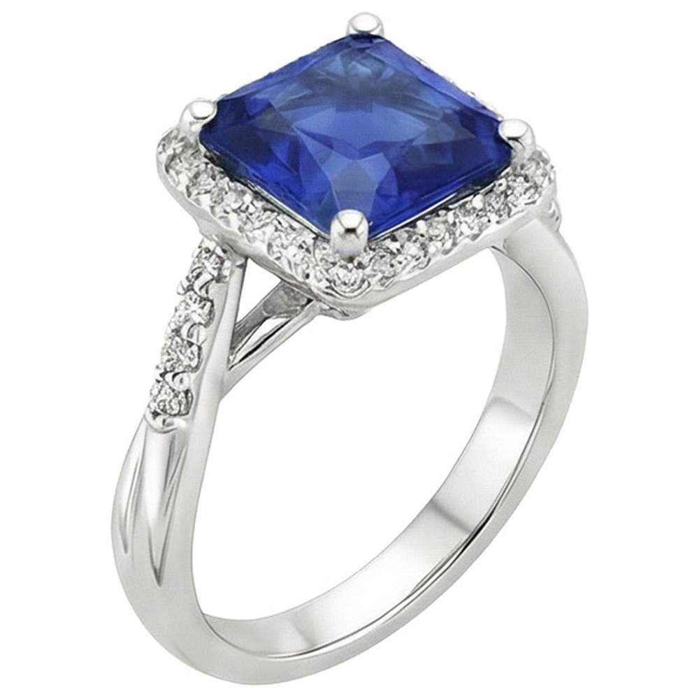 Bague Diamant Naturels Extraits des Mines ( et non cultivés en laboratoire ) Halo Forme Carrée Ceylan Bleu Saphir Centre 4 Carats