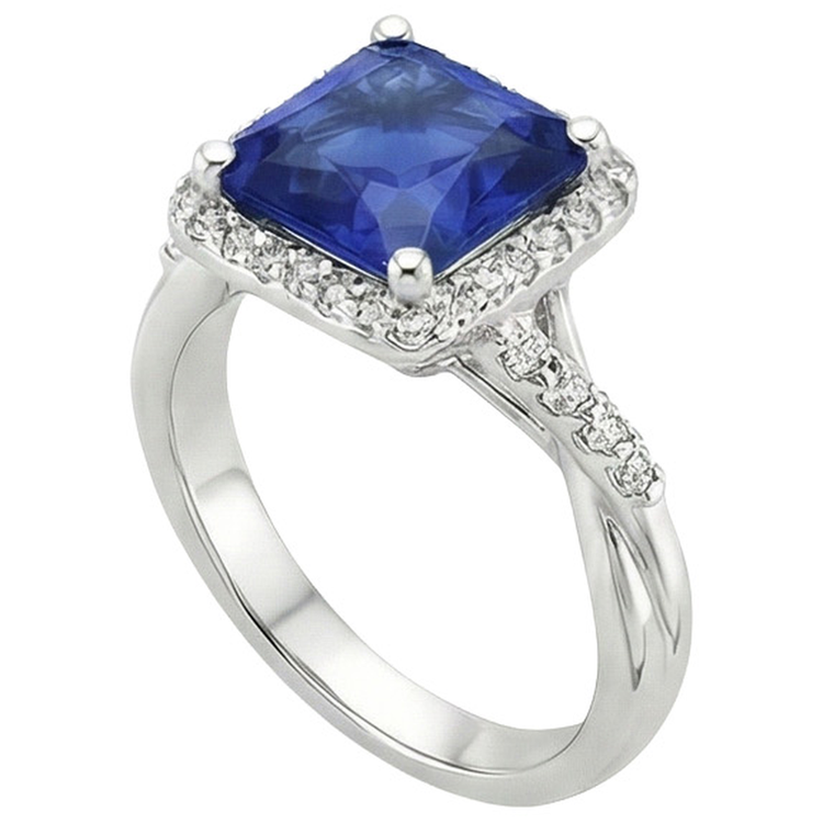 Bague Diamant Naturels Extraits des Mines ( et non cultivés en laboratoire ) Halo Forme Carrée Ceylan Bleu Saphir Centre 4 Carats