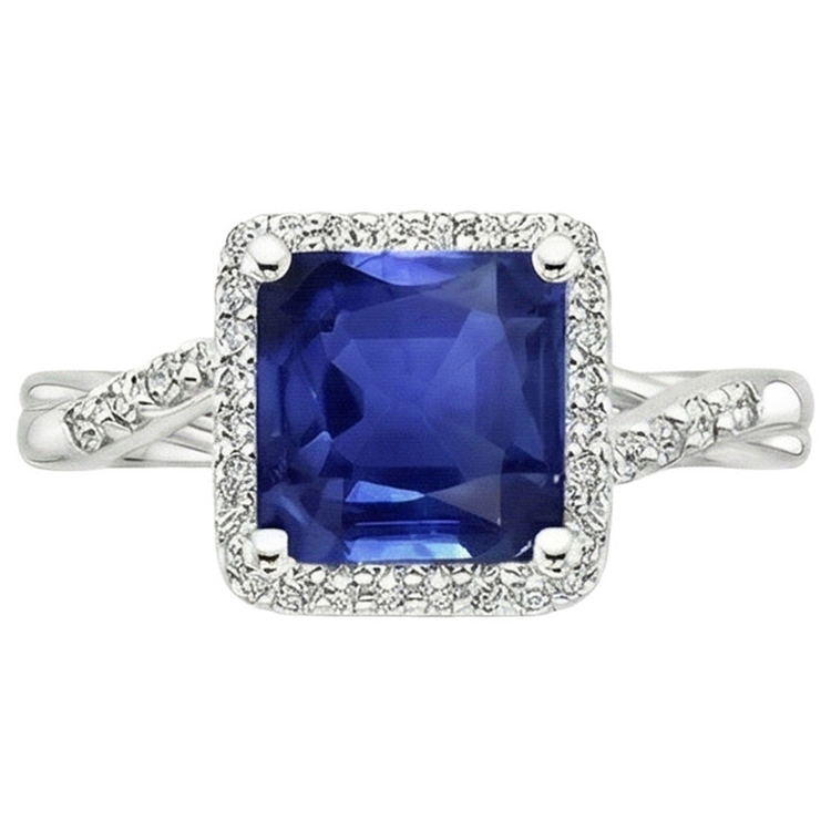 Bague Diamant Naturels Extraits des Mines ( et non cultivés en laboratoire ) Halo Forme Carrée Ceylan Bleu Saphir Centre 4 Carats