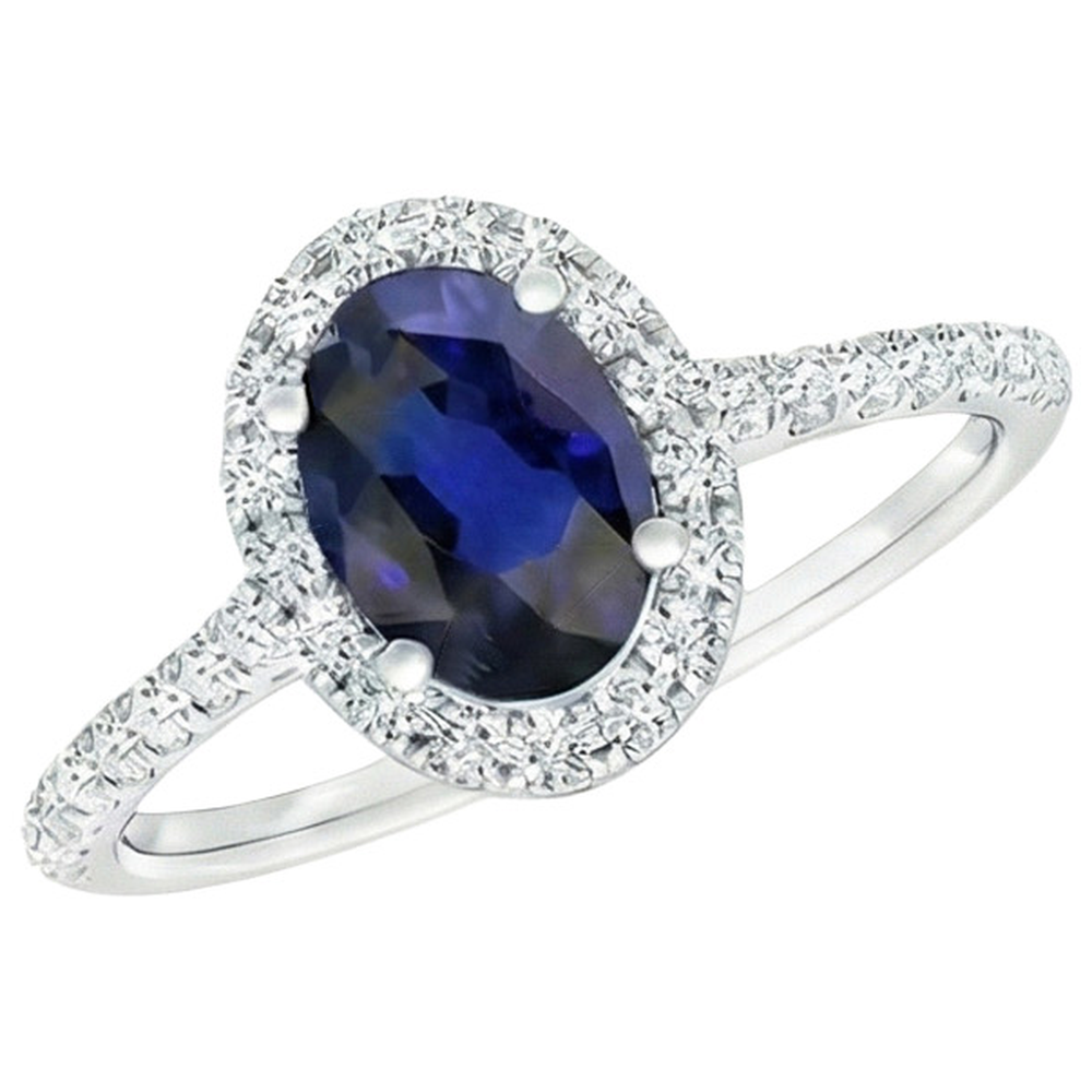 Bague Diamant Naturels Extraits des Mines ( et non cultivés en laboratoire ) Halo Or Saphir Sri Lankais Ovale Avec Accents 6 Carats