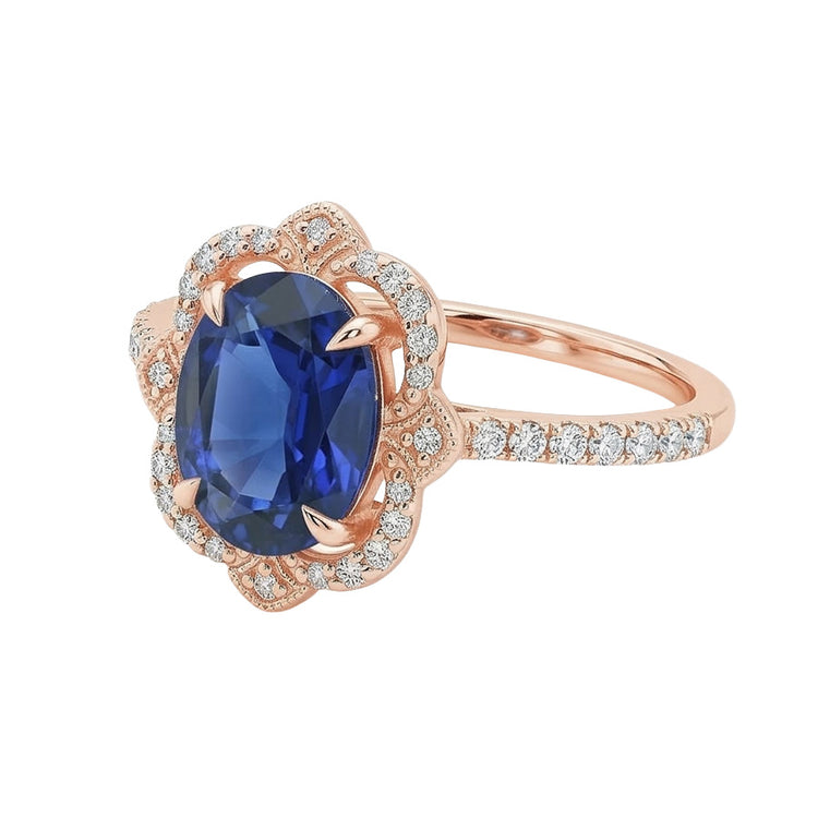 Bague Diamant Naturels Extraits des Mines ( et non cultivés en laboratoire ) Halo Style Antique Style Fleur Saphir Bleu 6.20 Carats